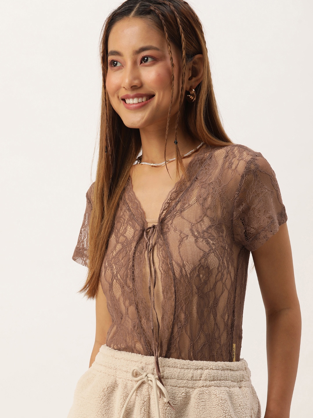 

FOREVER 21 Front Open Lace Sheer Top, Brown