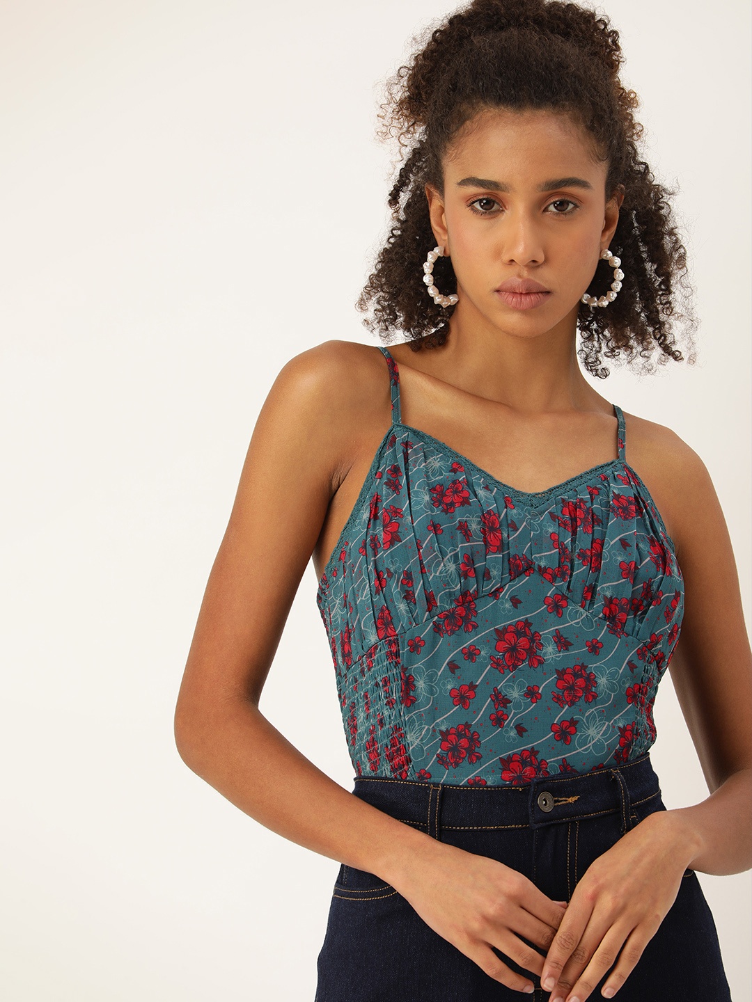 

FOREVER 21 Floral Printed Smocked Crop Top, Blue