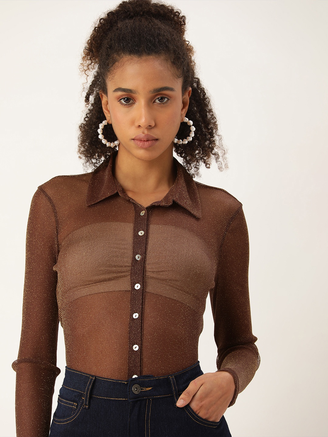 

FOREVER 21 Sheer Casual Shirt, Brown