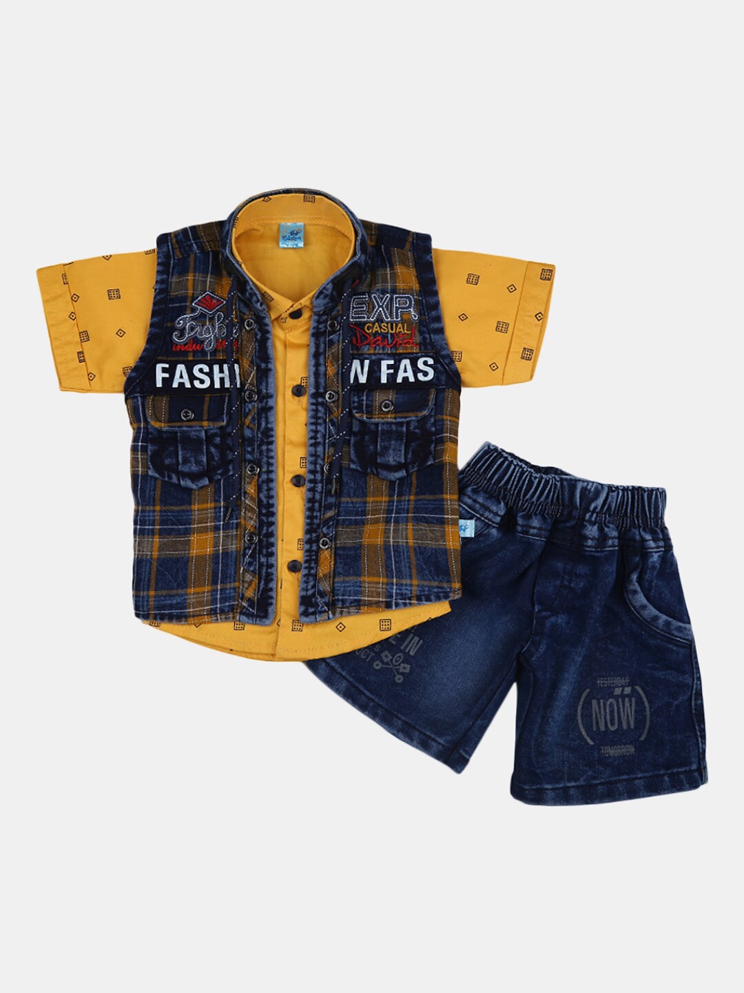 

V-Mart Infants Geometric Printed Pure Cotton Shirt & Jacket with Shorts, Mustard