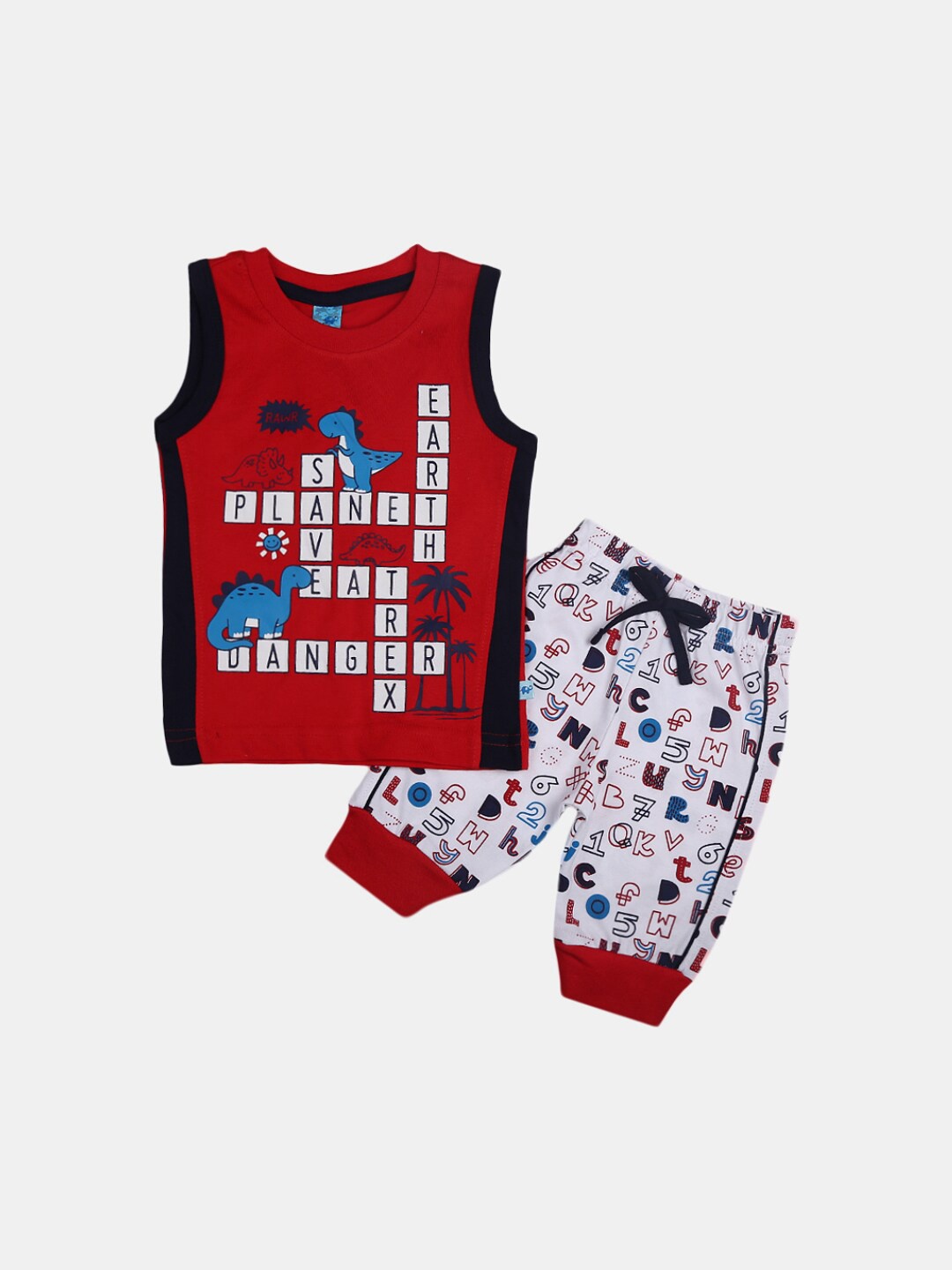 

V-Mart Infants Conversational Printed Pure Cotton T-shirt with Trousers, Red