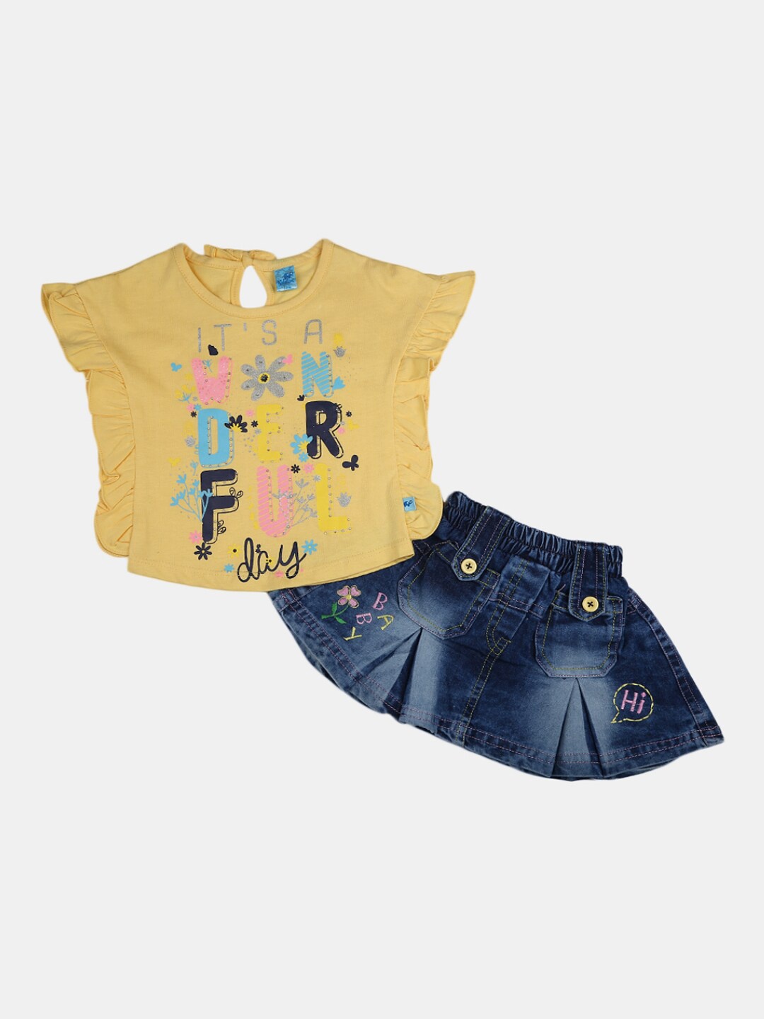 

V-Mart Infants Typography Printed Round Neck Pure Cotton Top With Skirt, Yellow