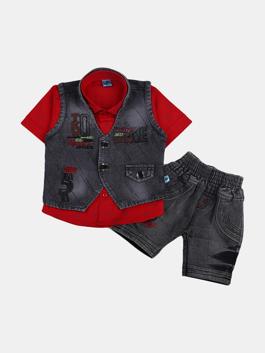 

V-Mart Infants Geometric Printed Pure Cotton Shirt & Jacket With Shorts, Red