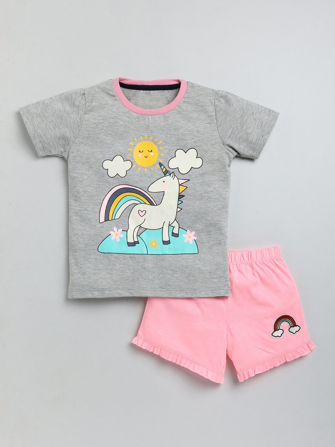 

YK Girls Cotton Printed T-shirt with Shorts, Grey