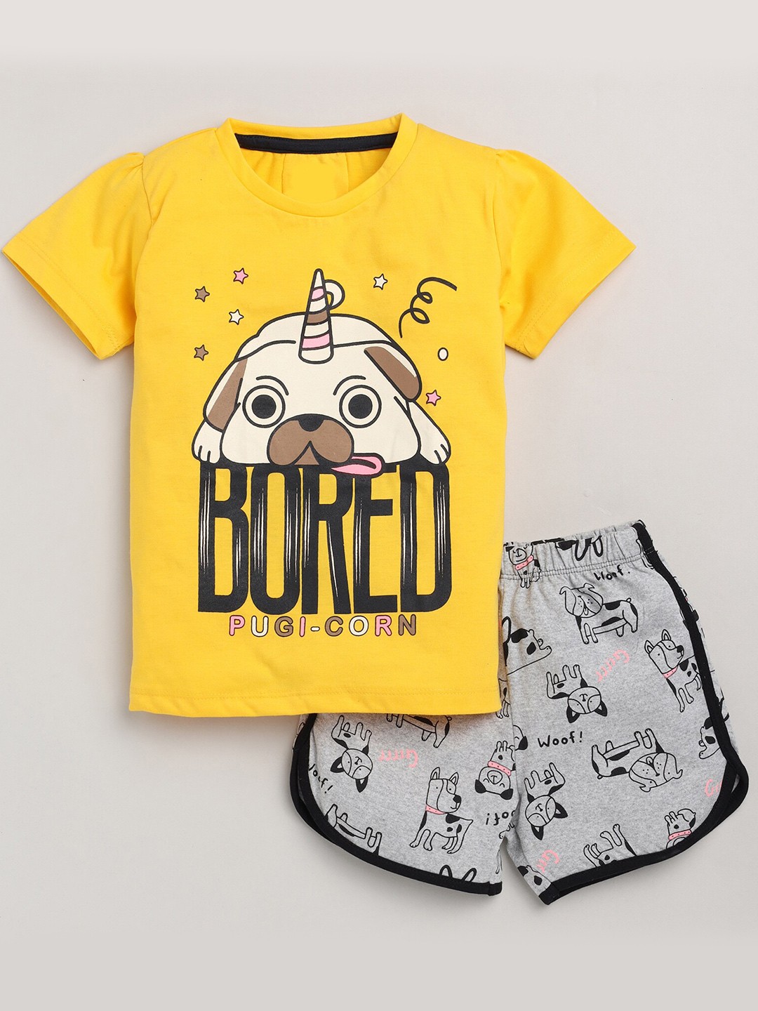 

YK Girls Printed Cotton T-shirt with Shorts, Yellow