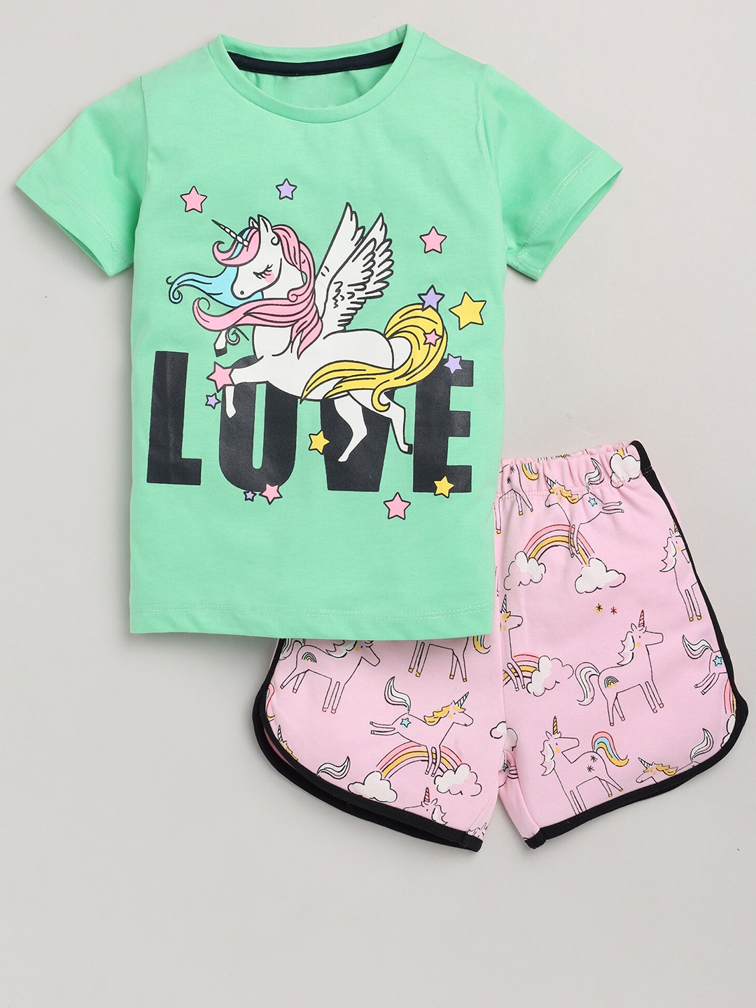 

YK Girls Printed T-shirt with Shorts, Sea green