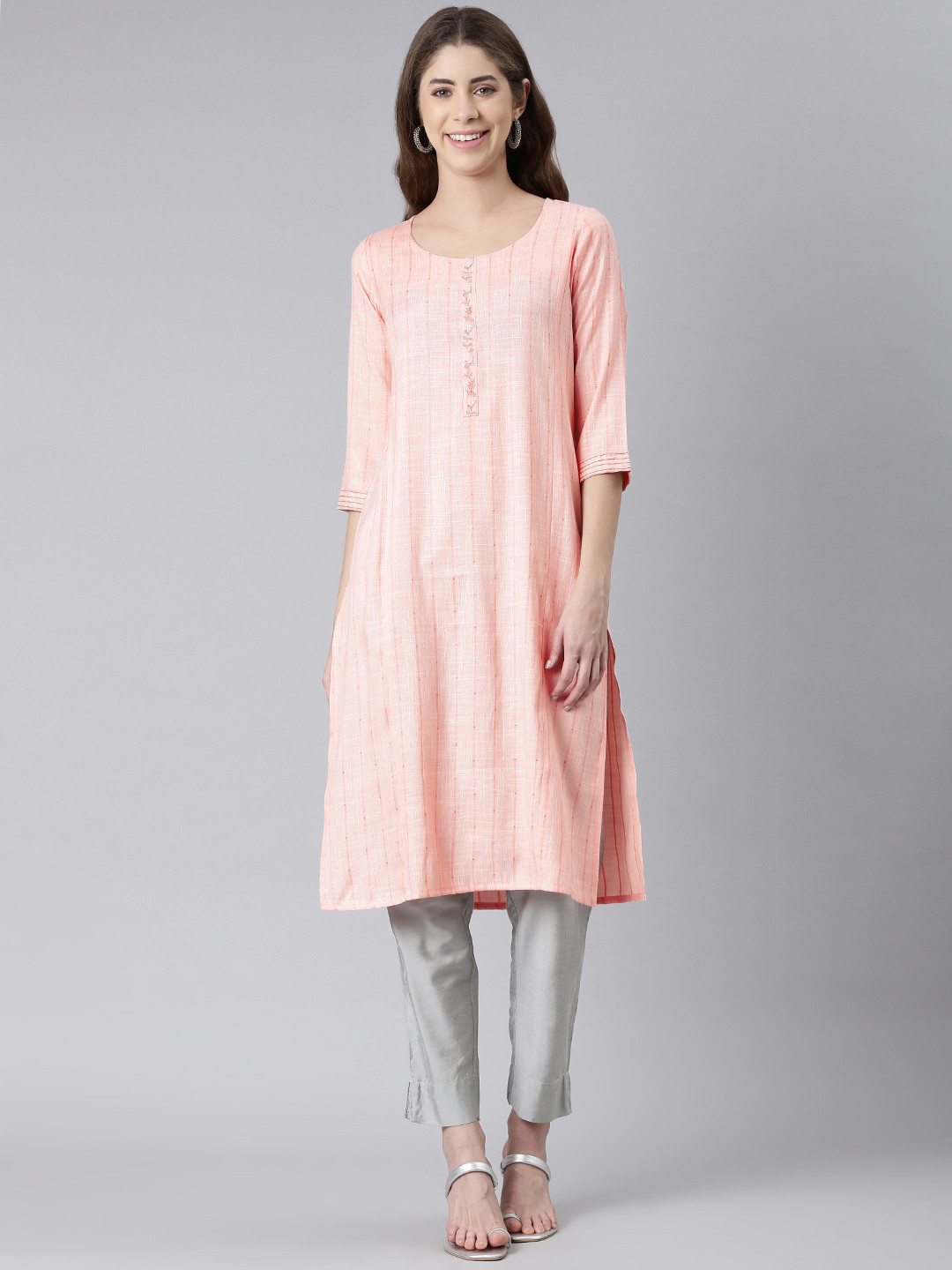 

ETIQUETTE Woven Design Thread Work Straight Kurta, Pink