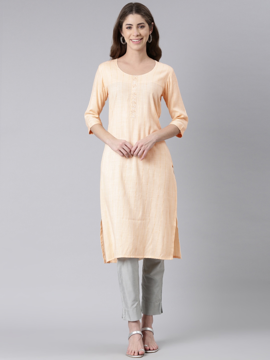 

ETIQUETTE Woven Design Thread Work Straight Kurta, Peach