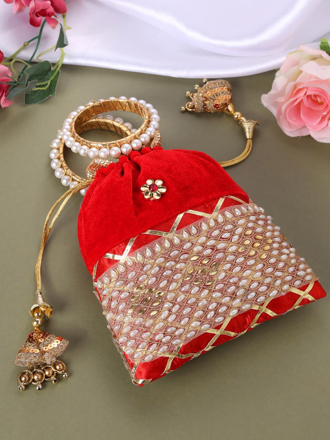 

VIRAASI STUDIO Embellished Potli Clutch, Red