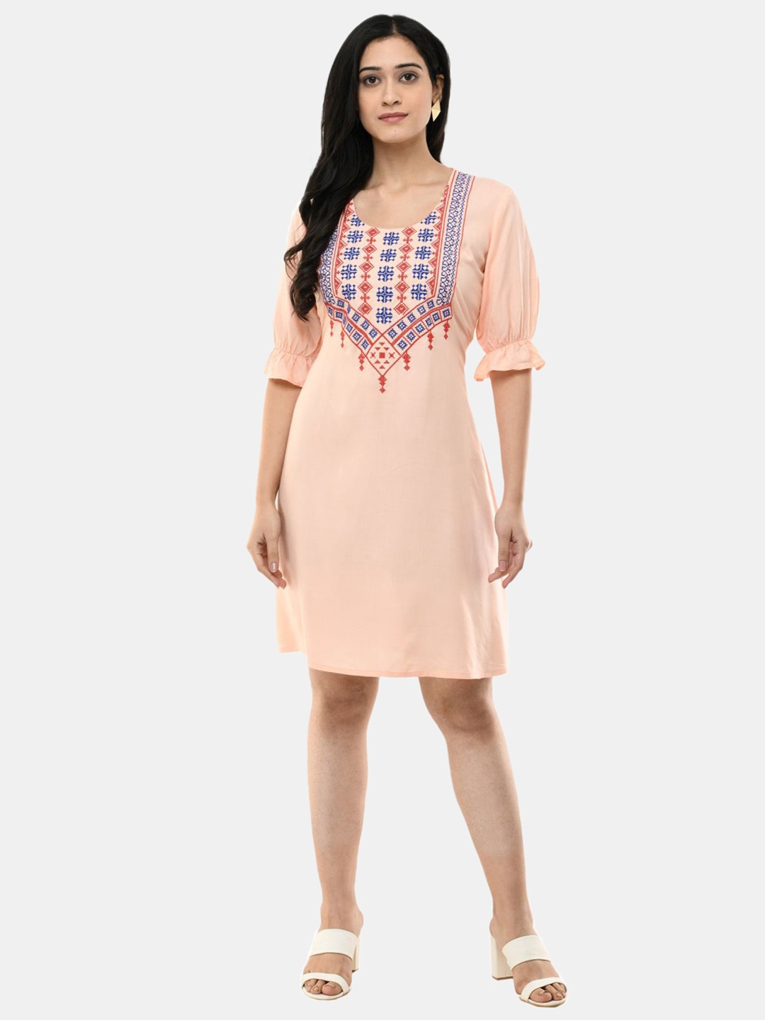 

SAAKAA Embroidered A-Line Cotton Dress, Peach