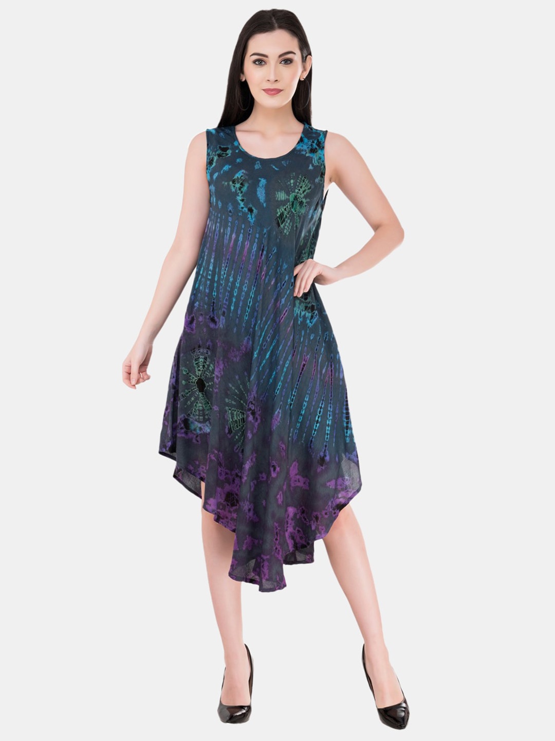 

SAAKAA Tie & Dye Dyed Asymmetric Hem Sleeveless A-Line Dress, Teal