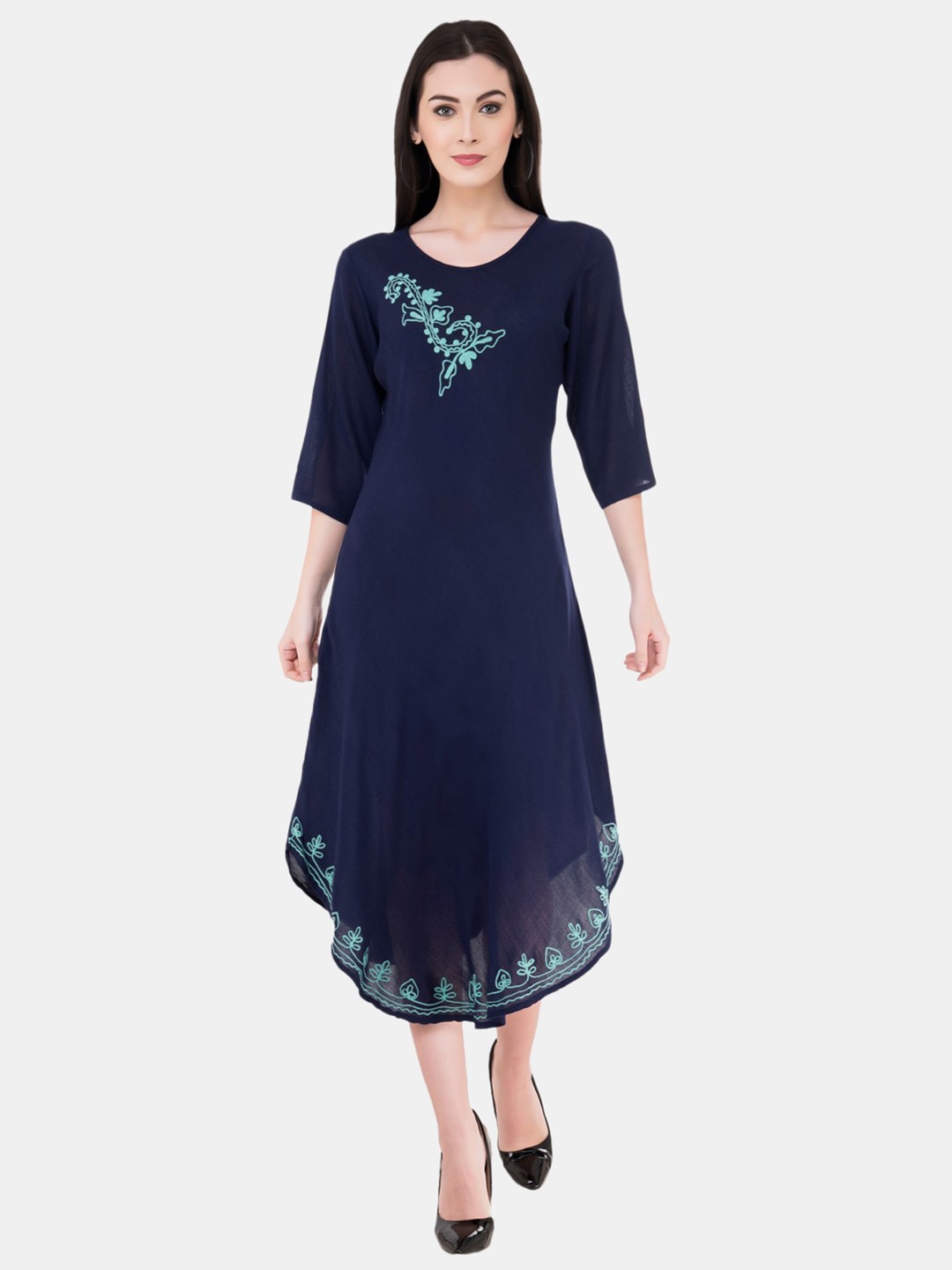 

SAAKAA Embroidered A-Line Rayon Midi Dress, Navy blue