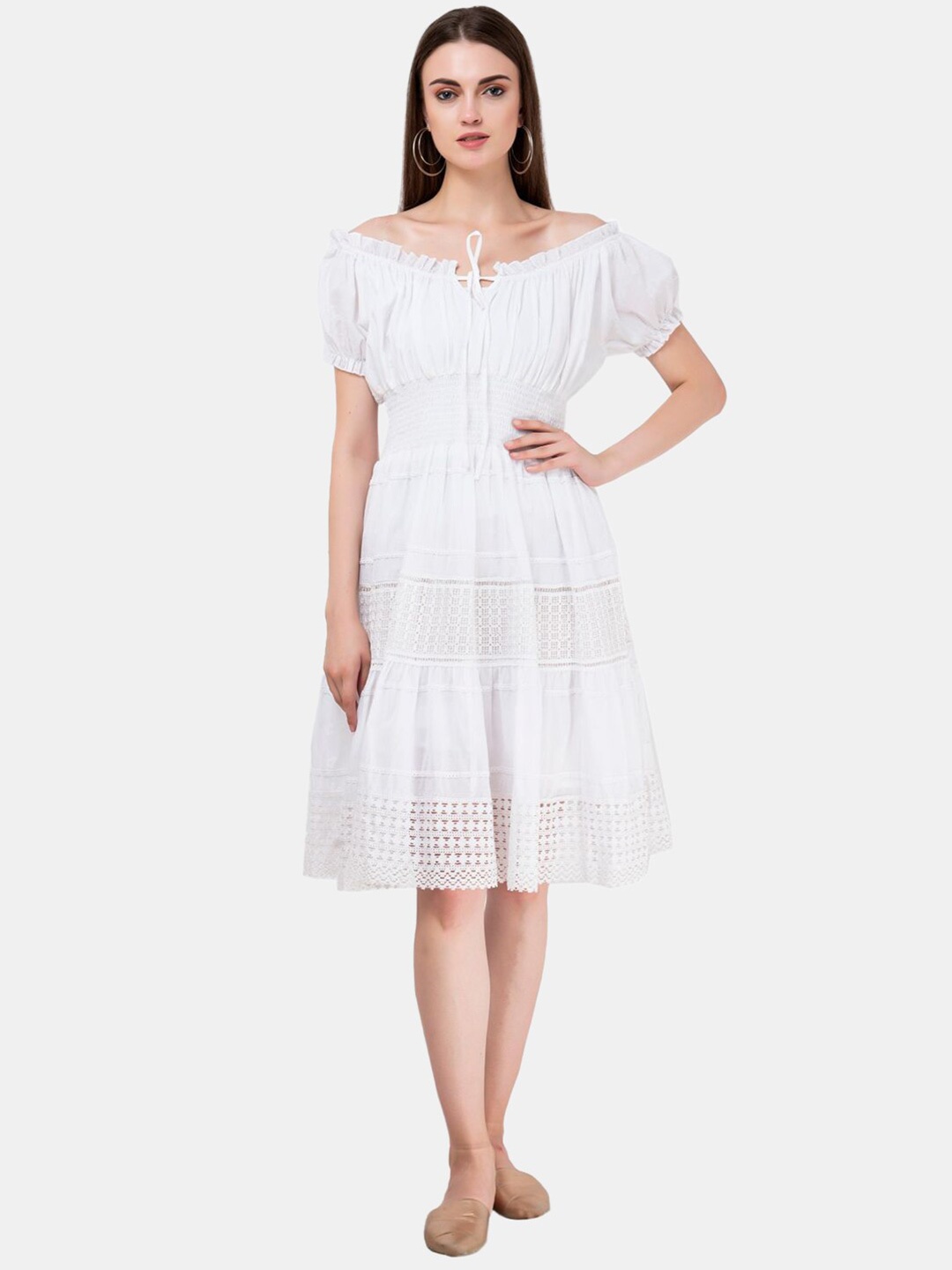 

SAAKAA Off-Shoulder Self Design Pure Cotton Fit And Flare Dress, Off white