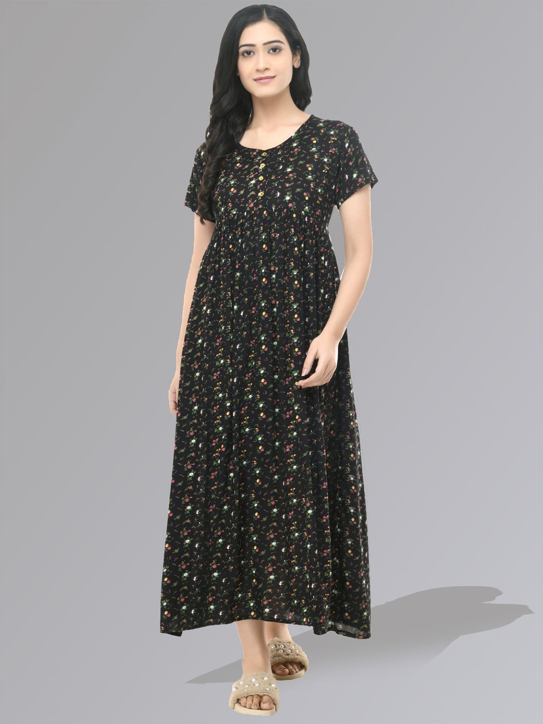 

SAAKAA Floral Printed Gathered Maxi Empire Dress, Black