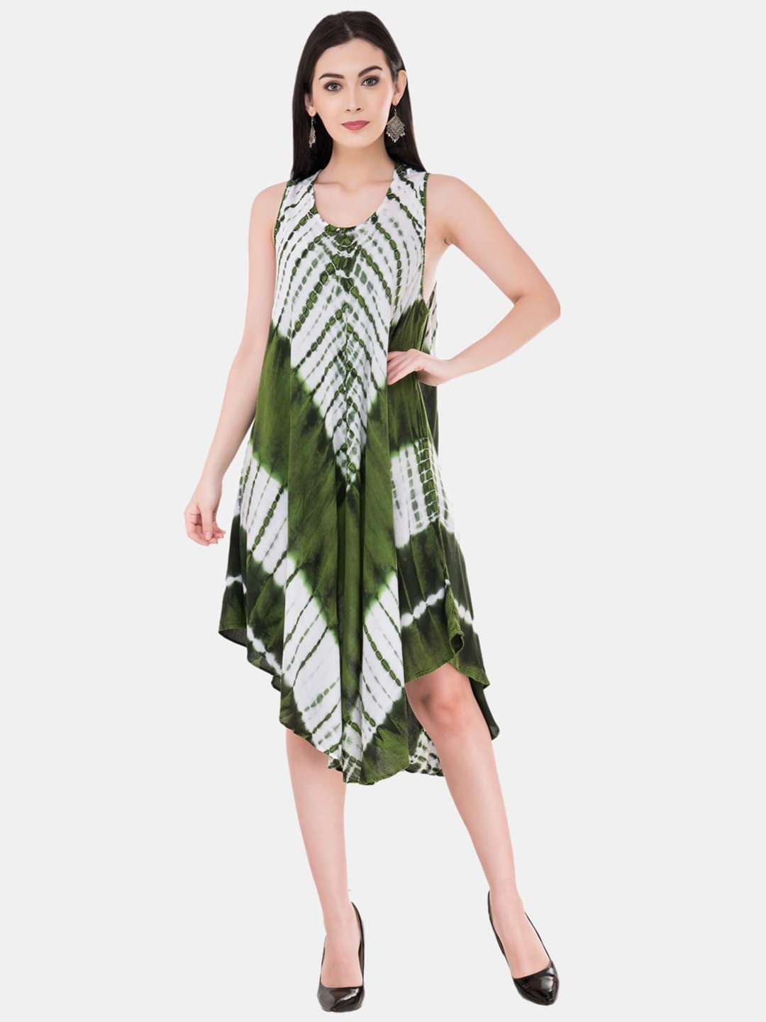 

SAAKAA Dyed Tie & Dye Printed Rayon A-Line Knee Length Dress, Green