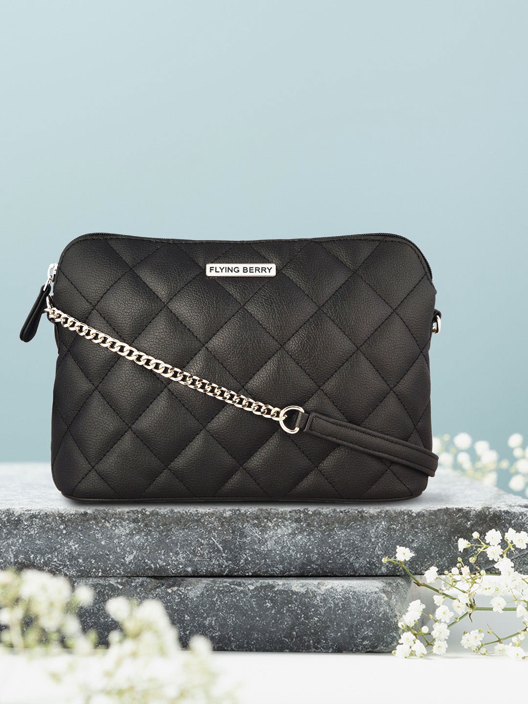 

FLYING BERRY Textured Structured Sling Bag With Quilted, Black