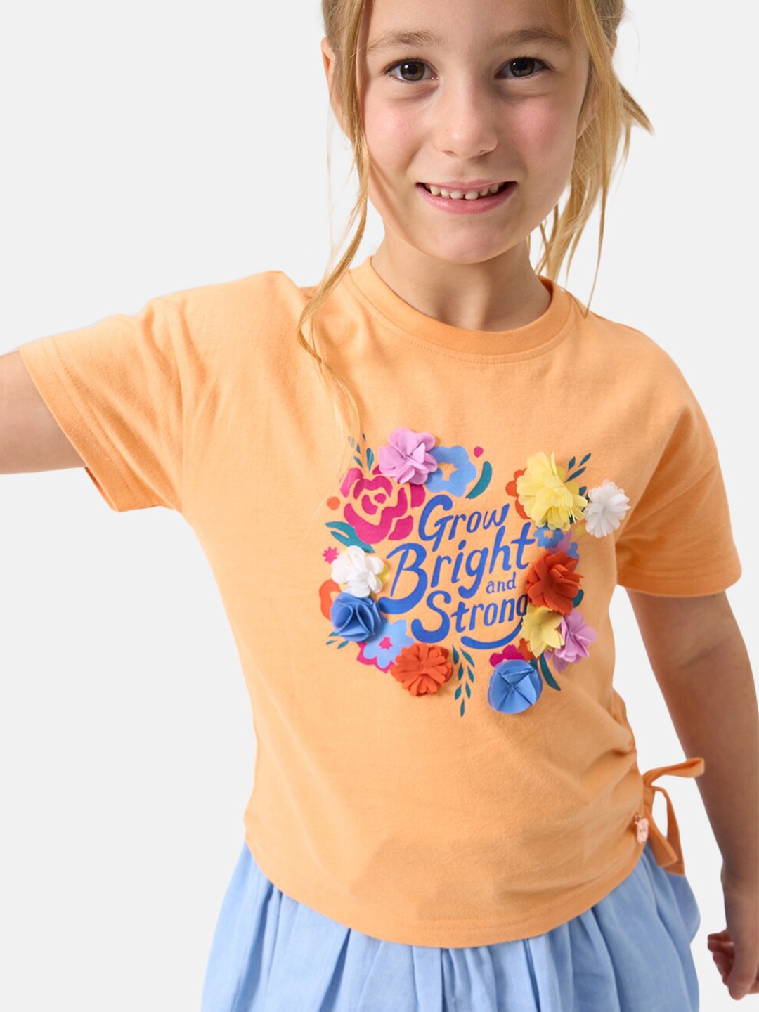 

Angel & Rocket Girls Floral Printed Embellished Cotton Slim Fit T-shirt, Orange