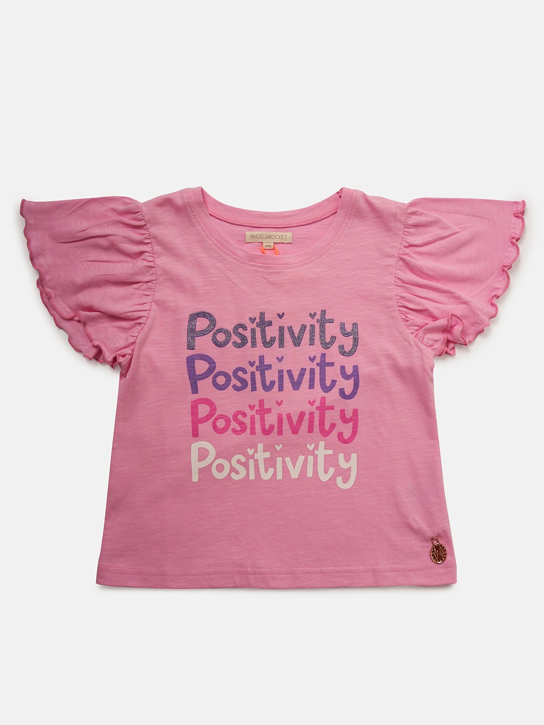 

Angel & Rocket Girls Typography Printed Flutter Sleeve Cotton T-shirt, Pink