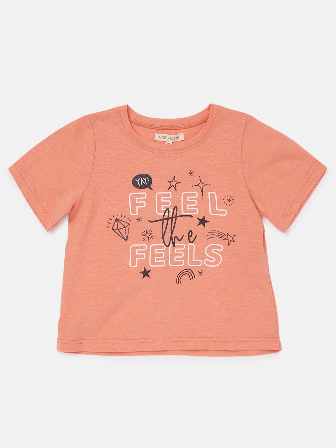 

Angel & Rocket Girls Typography Printed Cotton T-shirt, Peach