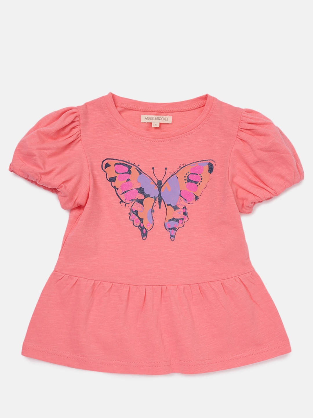 

Angel & Rocket Girls Conversational Printed Cotton Peplum Top, Peach