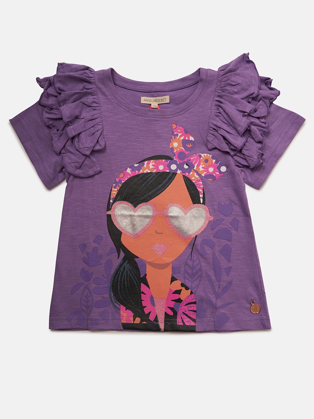 

Angel & Rocket Girls Printed Cotton Ruffles Top, Purple