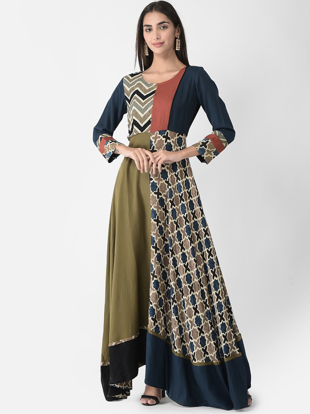 

Span Ethnic Motifs Printed Asymmetric Fit & Flare Ethnic Dress, Beige