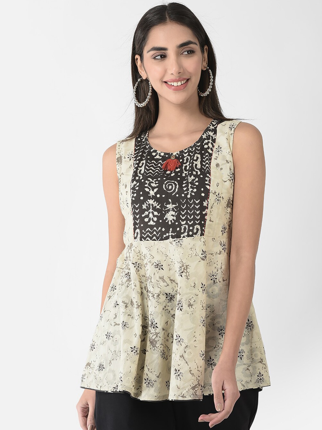 

Span Women Printed Sleeveless Pure Cotton Kurti, Beige