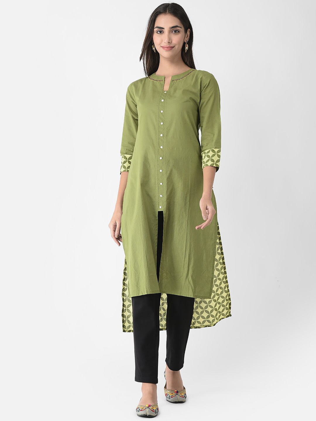 

Span Round Neck Geometric Printed Pure Cotton Straight Kurta, Green