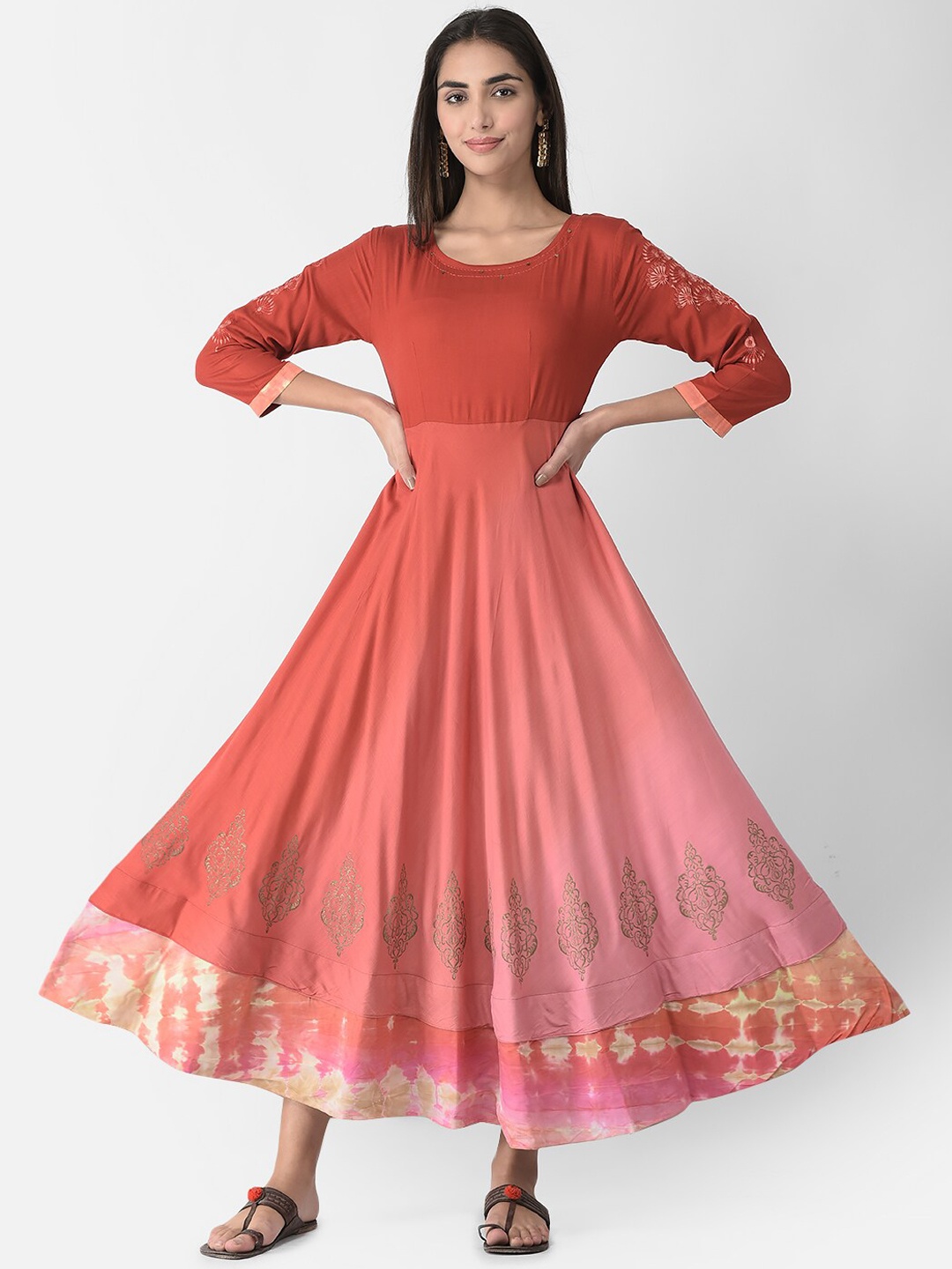 

Span Women Ethnic Motifs Printed Cotton Anarkali Kurta, Rust