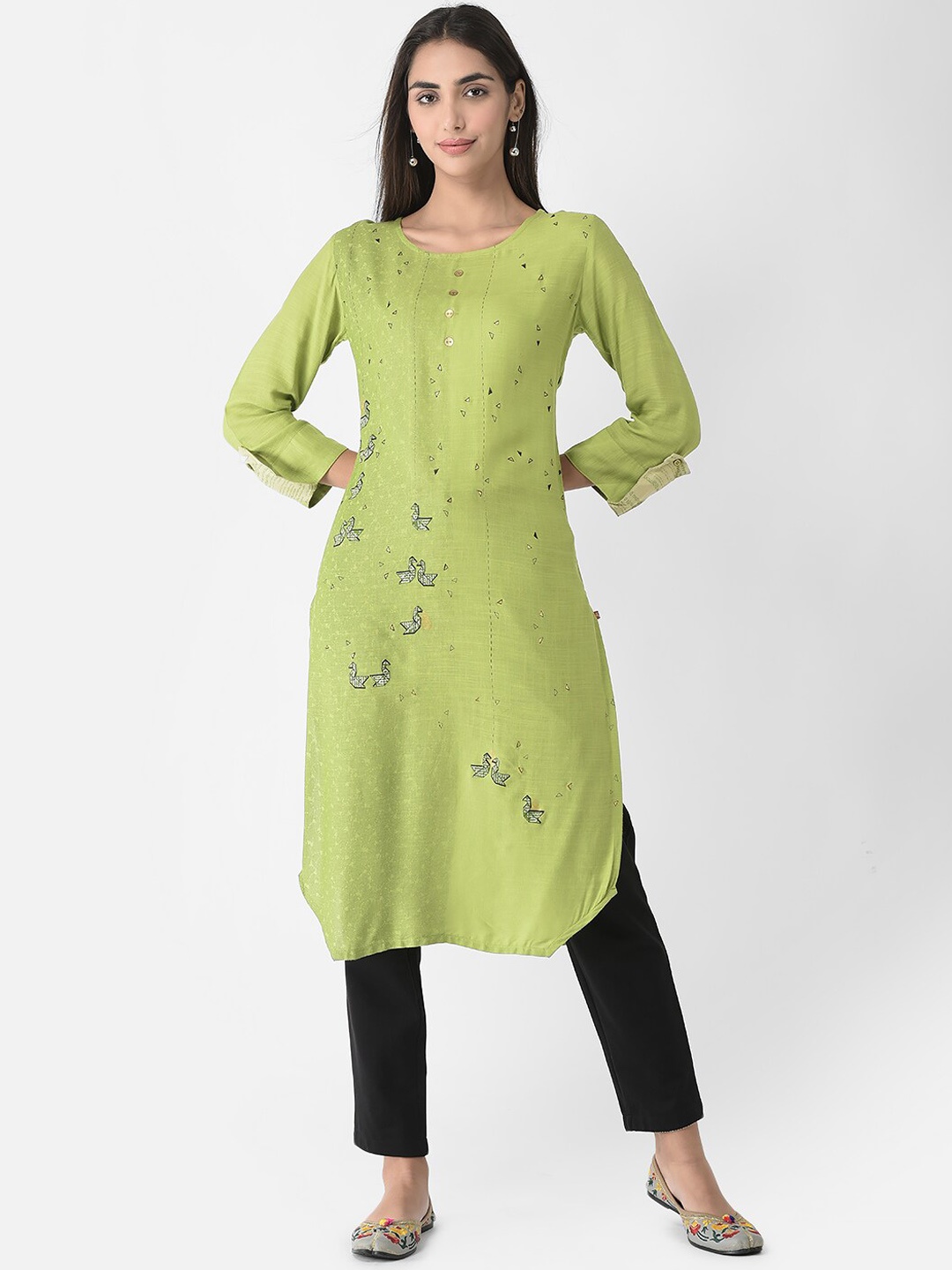 

Span Geometric Printed Thread Work Cotton Kurta, Lime green