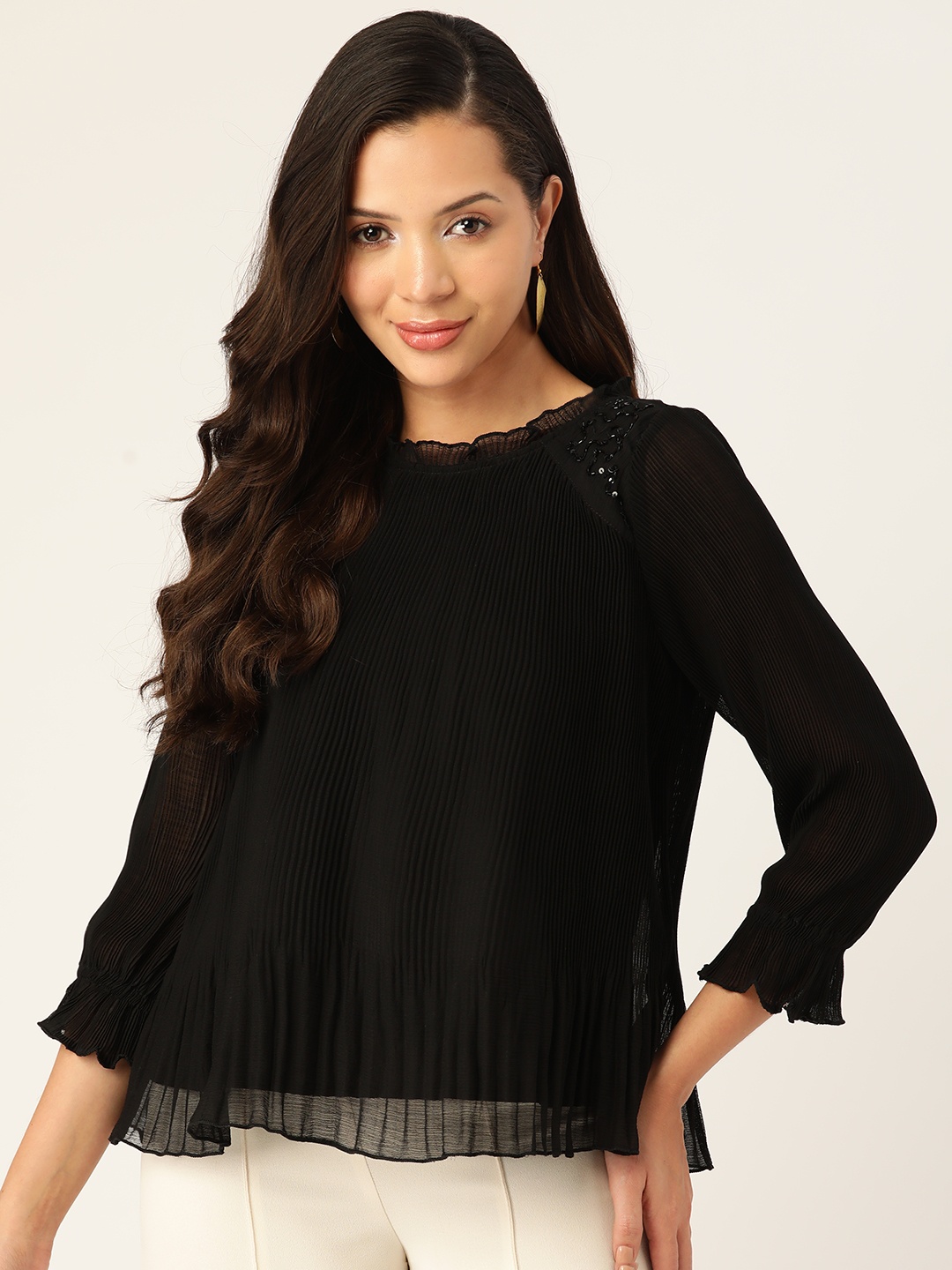 

Antheaa Embellished Pleated Chiffon A-Line Top, Black