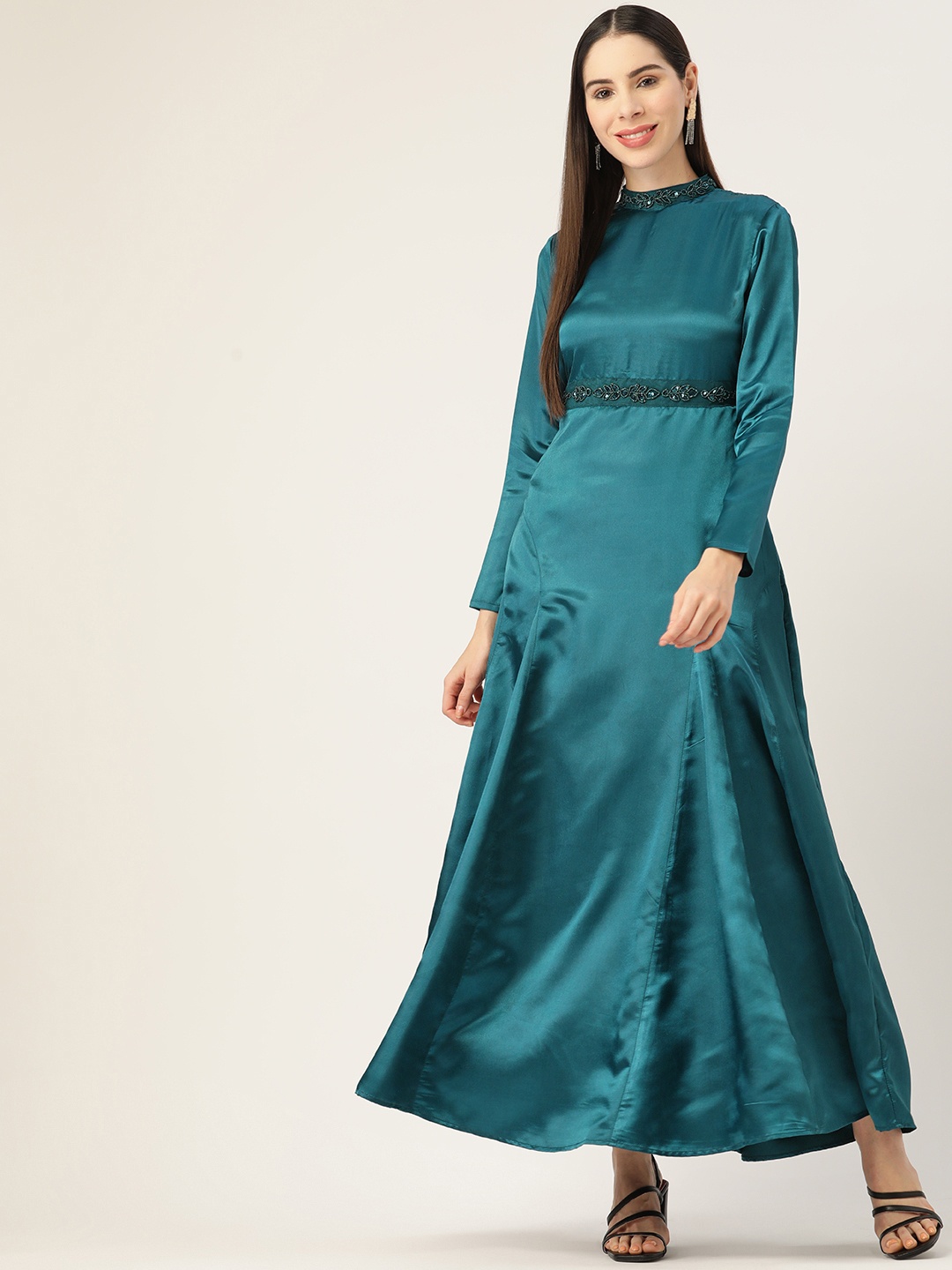 

Antheaa Embellished Smocked Satin Fit & Flare Maxi Dress, Teal