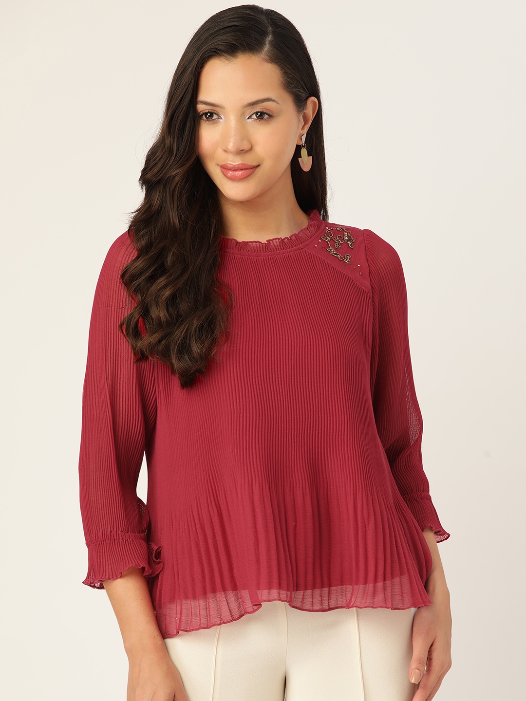 

Antheaa Embellished Pleated Chiffon A-Line Top, Red