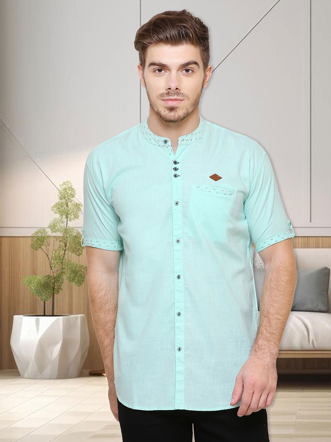 

Kuons Avenue Men Mandarin Collar Smart Slim Fit Casual Shirt, Sea green