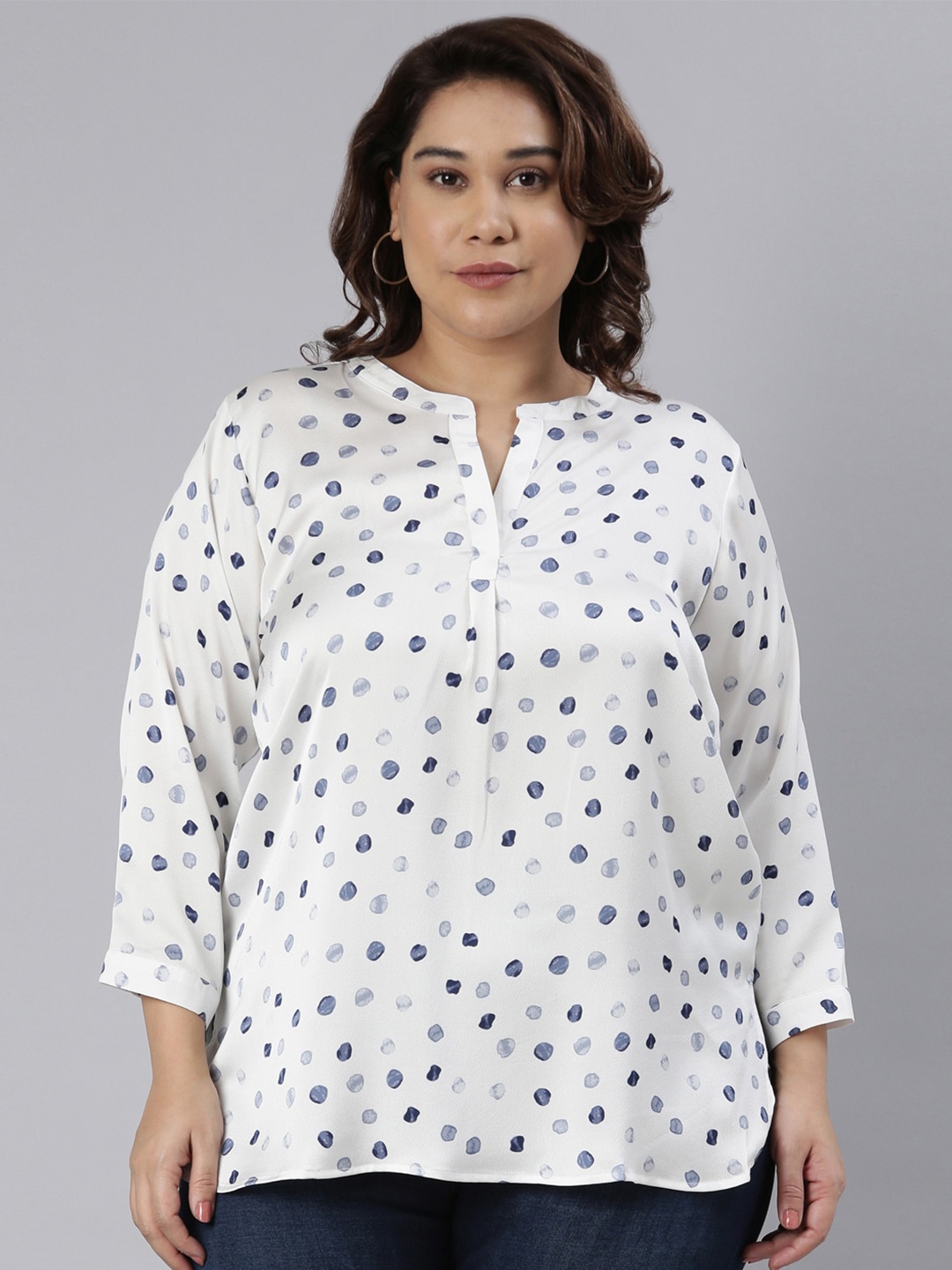 

The Pink Moon Plus Size Abstract Printed Mandarin Collar Top, White