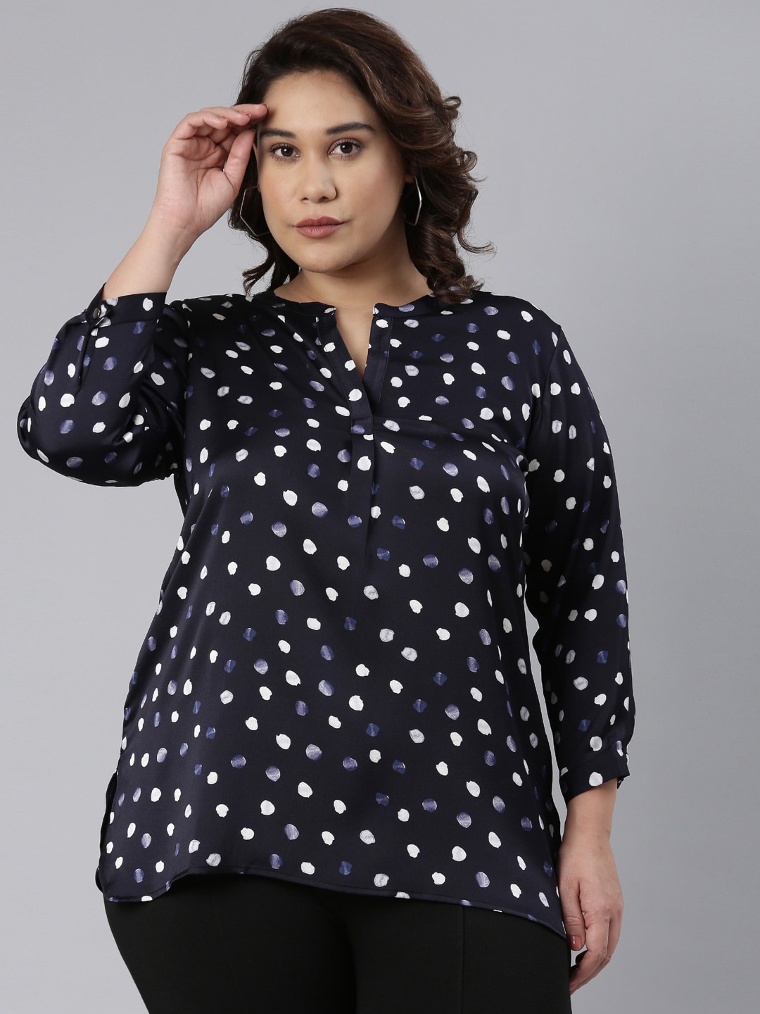 

The Pink Moon Abstract Print Mandarin Collar Satin Top, Navy blue