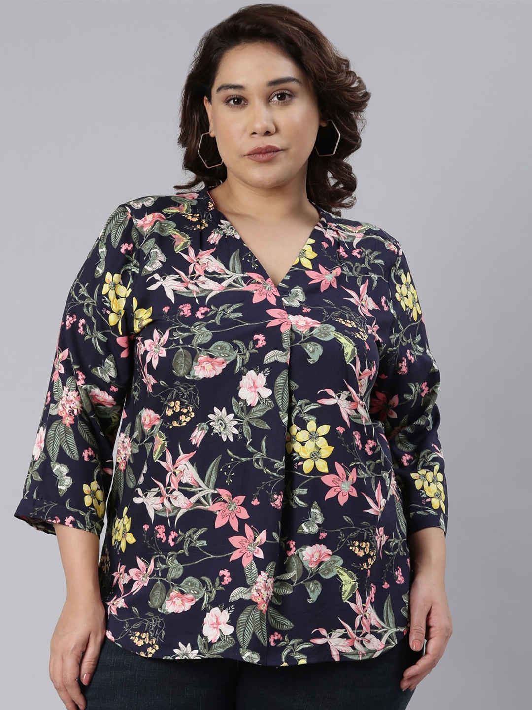 

The Pink Moon Plus Size Floral Print Tropical Shirt Style Top, Navy blue