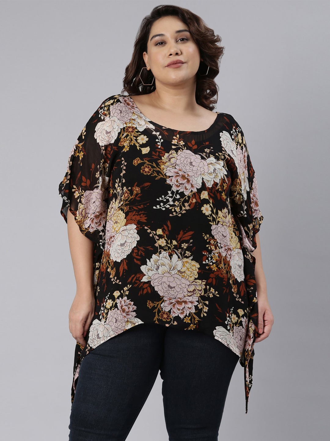 

The Pink Moon Plus Size Floral Print Flared Sleeves Kaftan Top, Black