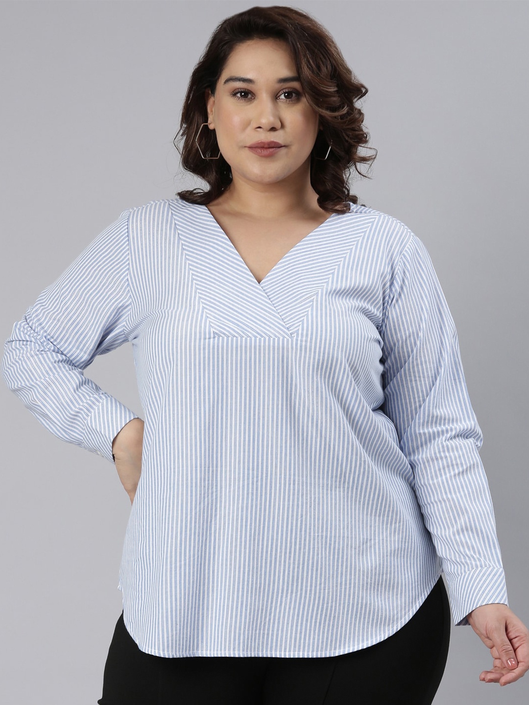 

The Pink Moon Plus Size Striped Cotton Top, Blue