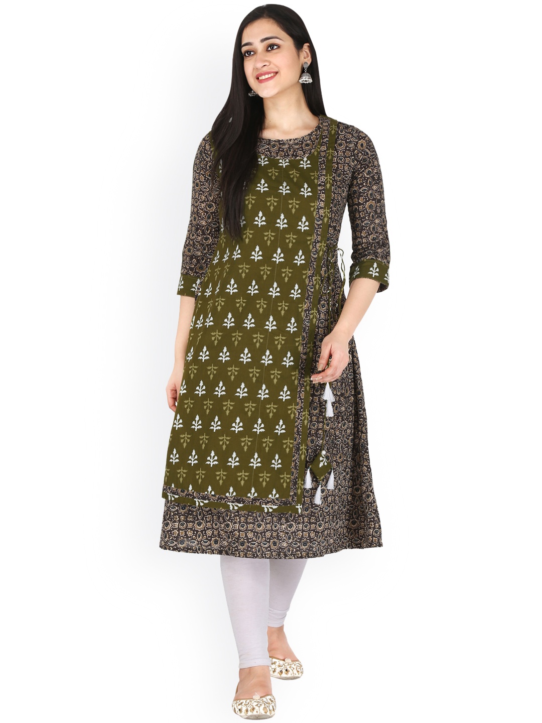 

KANNAHI Women Ethnic Motifs Printed Pure Cotton Layered Kurta, Olive