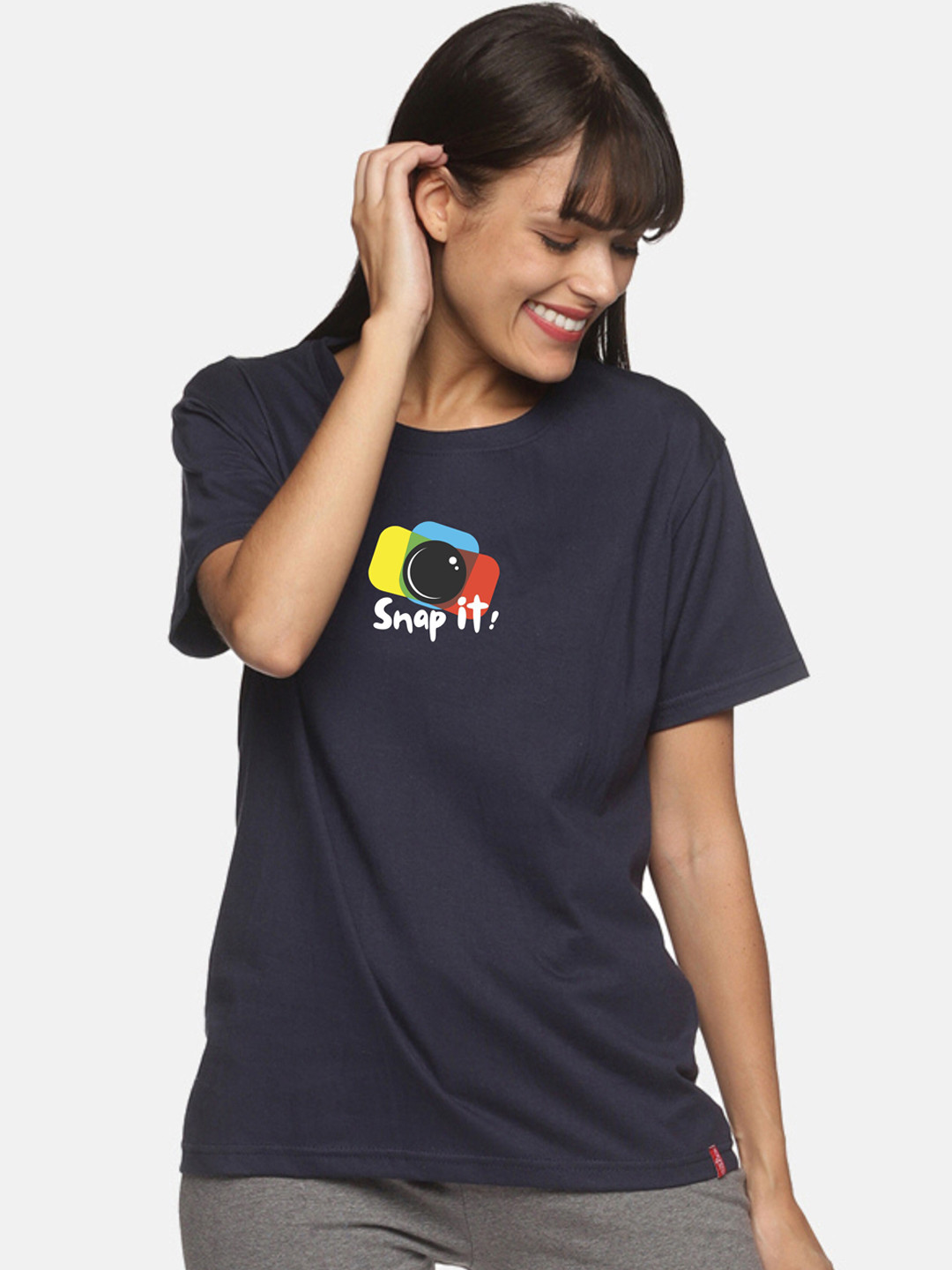 

NOT YET by us Printed Cotton Round Neck Lounge T-shirt, Navy blue