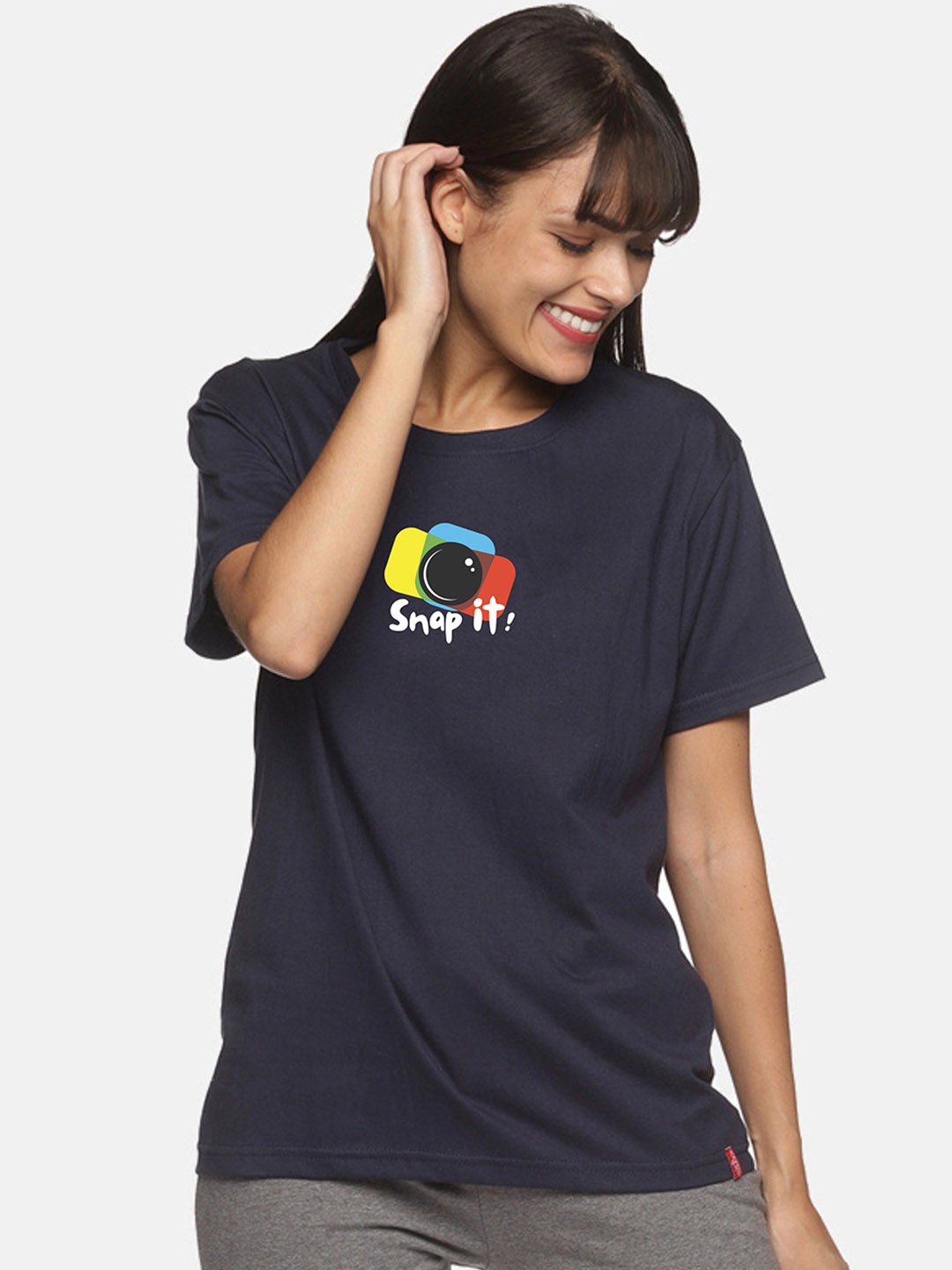 

NOT YET by us Women Graphic Printed Cotton Lounge T-shirt, Navy blue