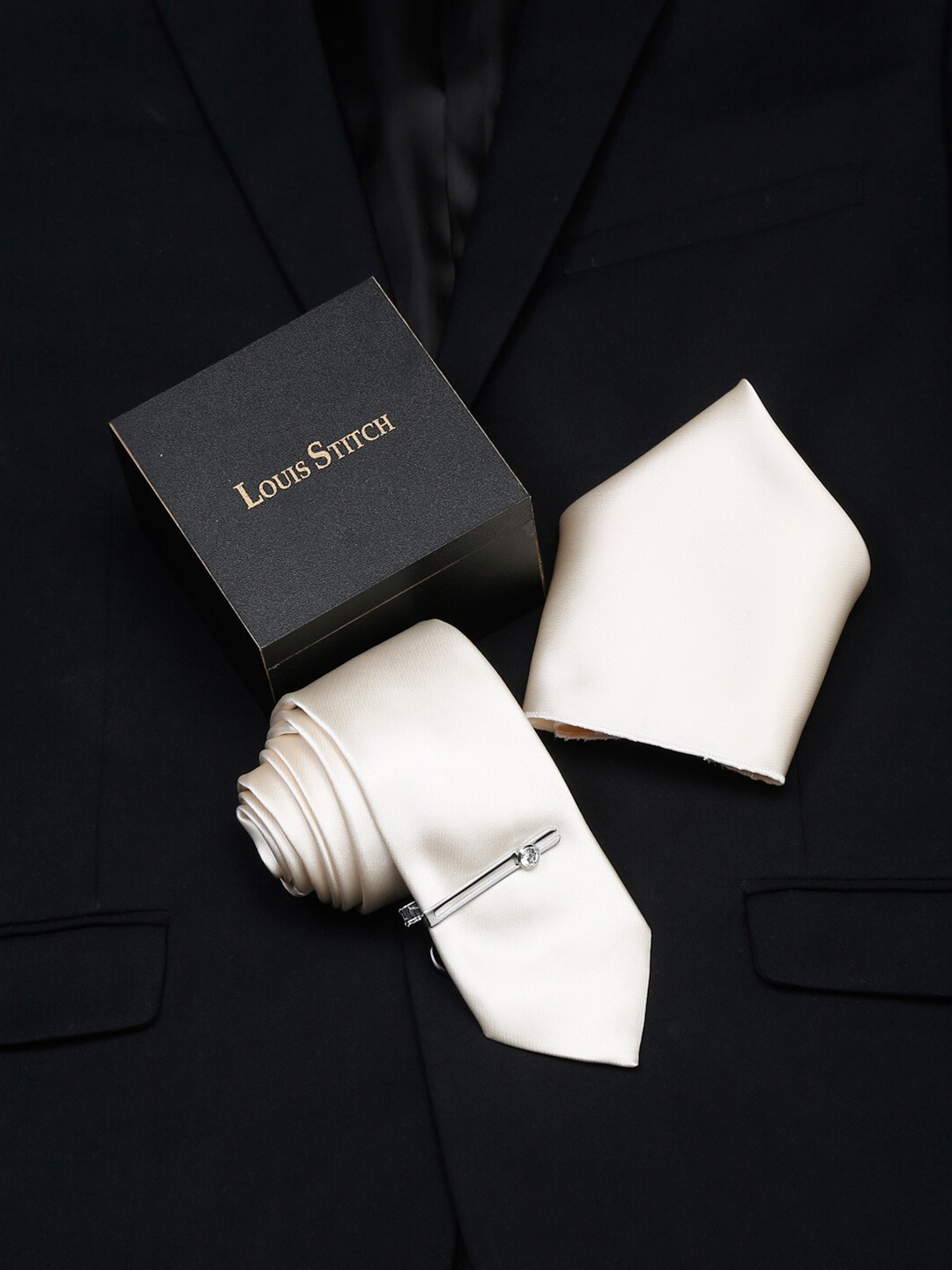 

LOUIS STITCH Men Italian Silk Necktie Accessories Gift Set, Off white