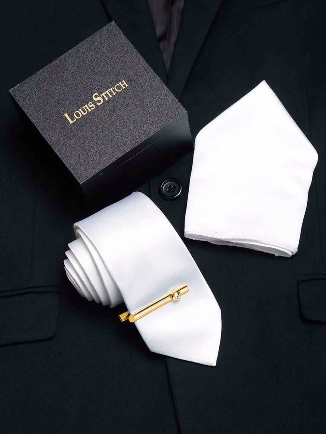 

LOUIS STITCH Men Men Italian Silk Necktie Accessories Gift Set, White