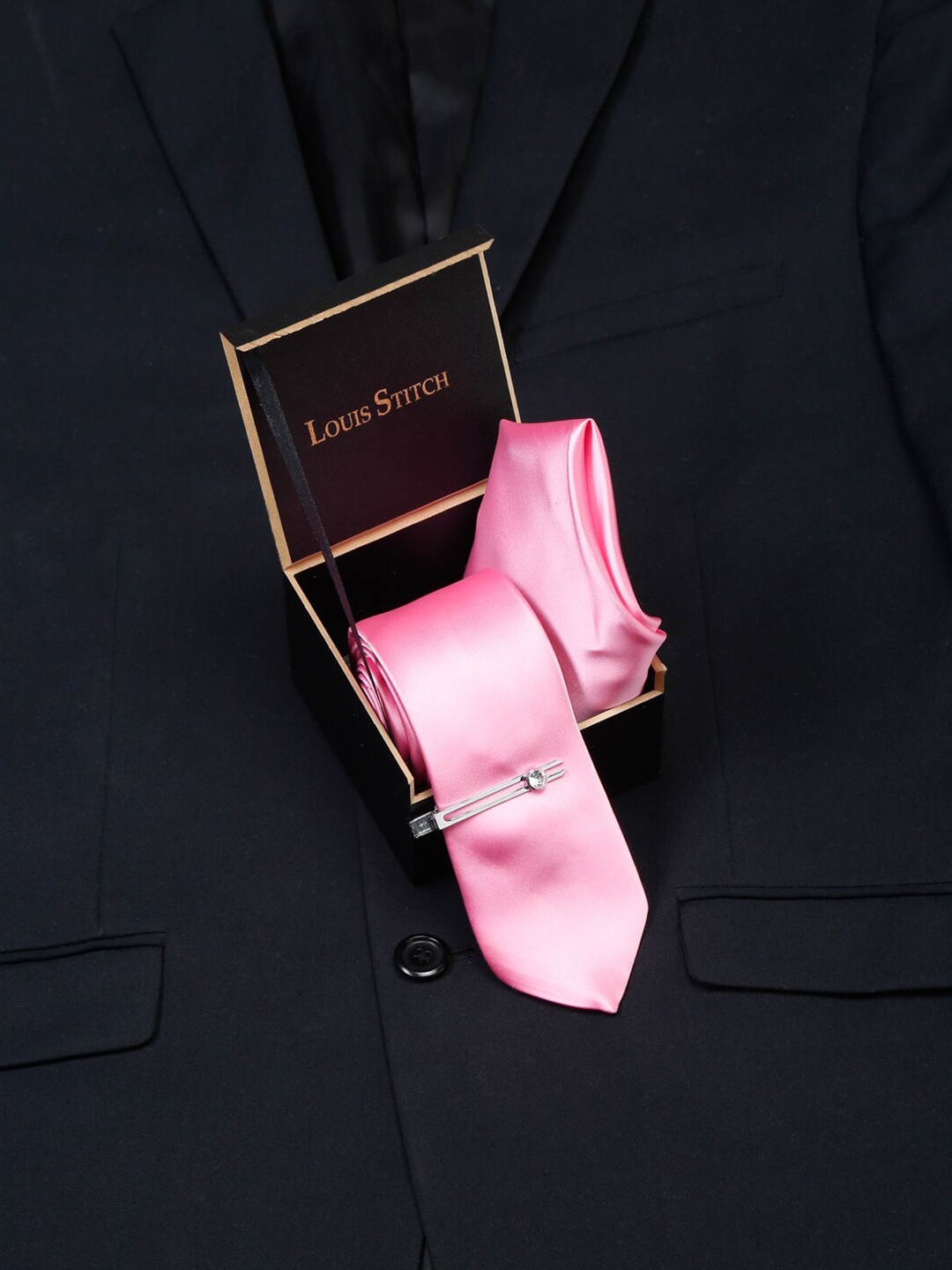 

LOUIS STITCH Men Italian Silk Necktie Accessories Gift Set, Pink
