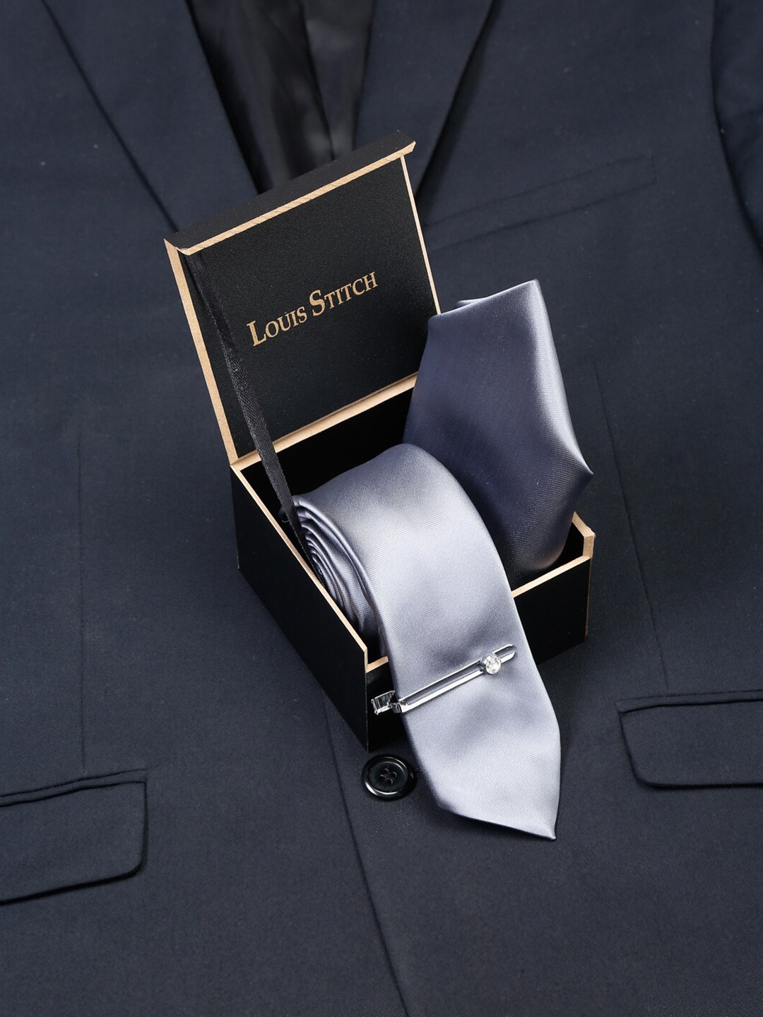 

LOUIS STITCH Men Italian Silk Necktie Set With Pocket Square, Grey