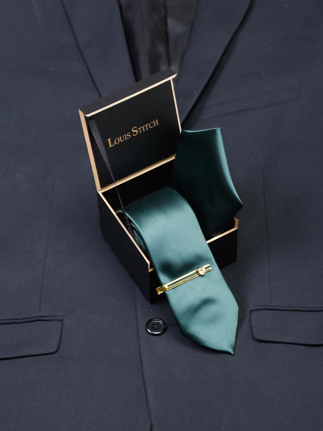 

LOUIS STITCH Men Italian Silk Necktie Set With Pocket Square, Green