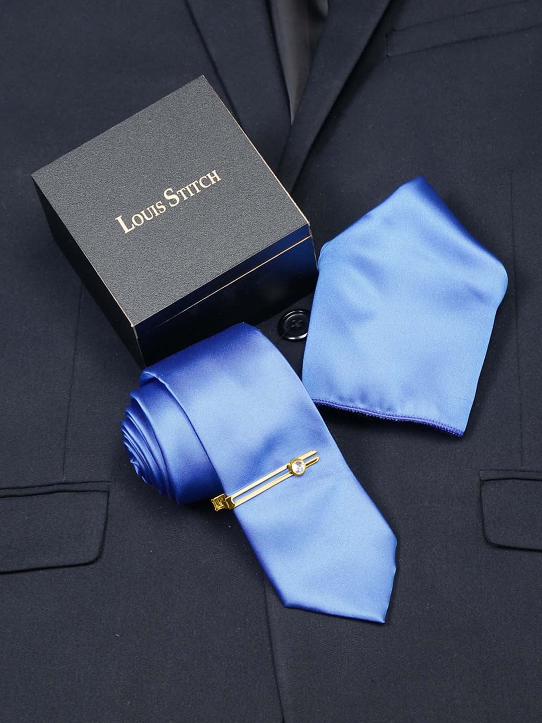 

LOUIS STITCH Men Italian Silk Necktie Set With Pocket Square, Blue