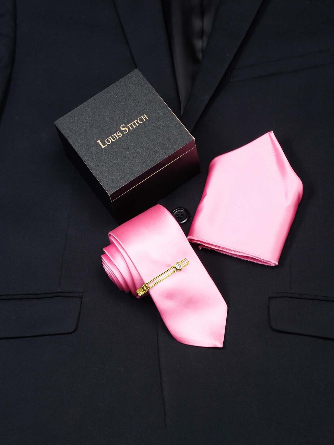 

LOUIS STITCH Men Italian Silk Necktie Set With Pocket Square, Pink