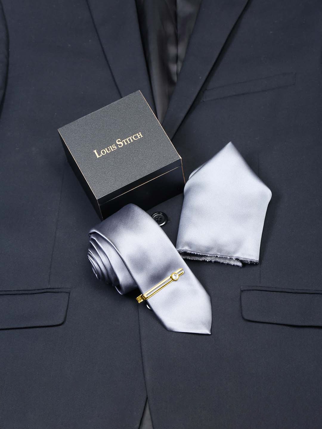 

LOUIS STITCH Men Italian Silk Necktie Set With Pocket Square, Grey